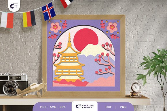 Mount Fuji with Pagoda 3D Paper Cut