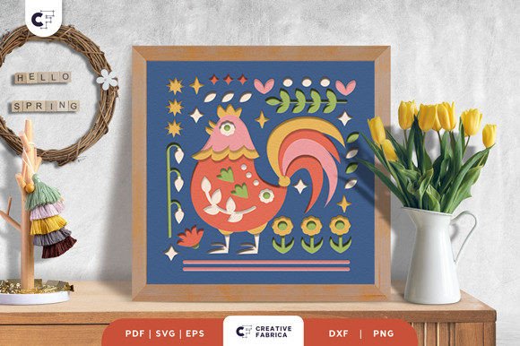 Rooster Folk Art 3D Shadow Box Paper Cut